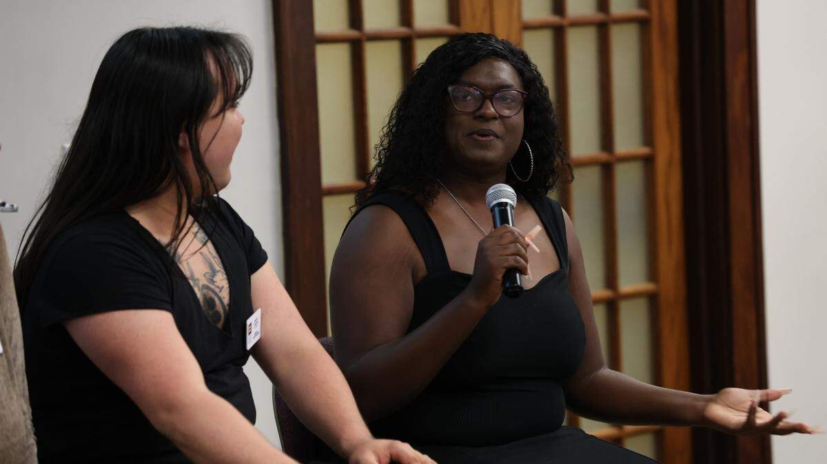 Zaria Newbill, founder and executive director of Navigating Omitted Minds Overtime (NOMO) Organization, speaks on a panel about legislation impacting transgender Georgians on Thursday, March 27, 2025, at Wesleyan College in Macon, Ga.