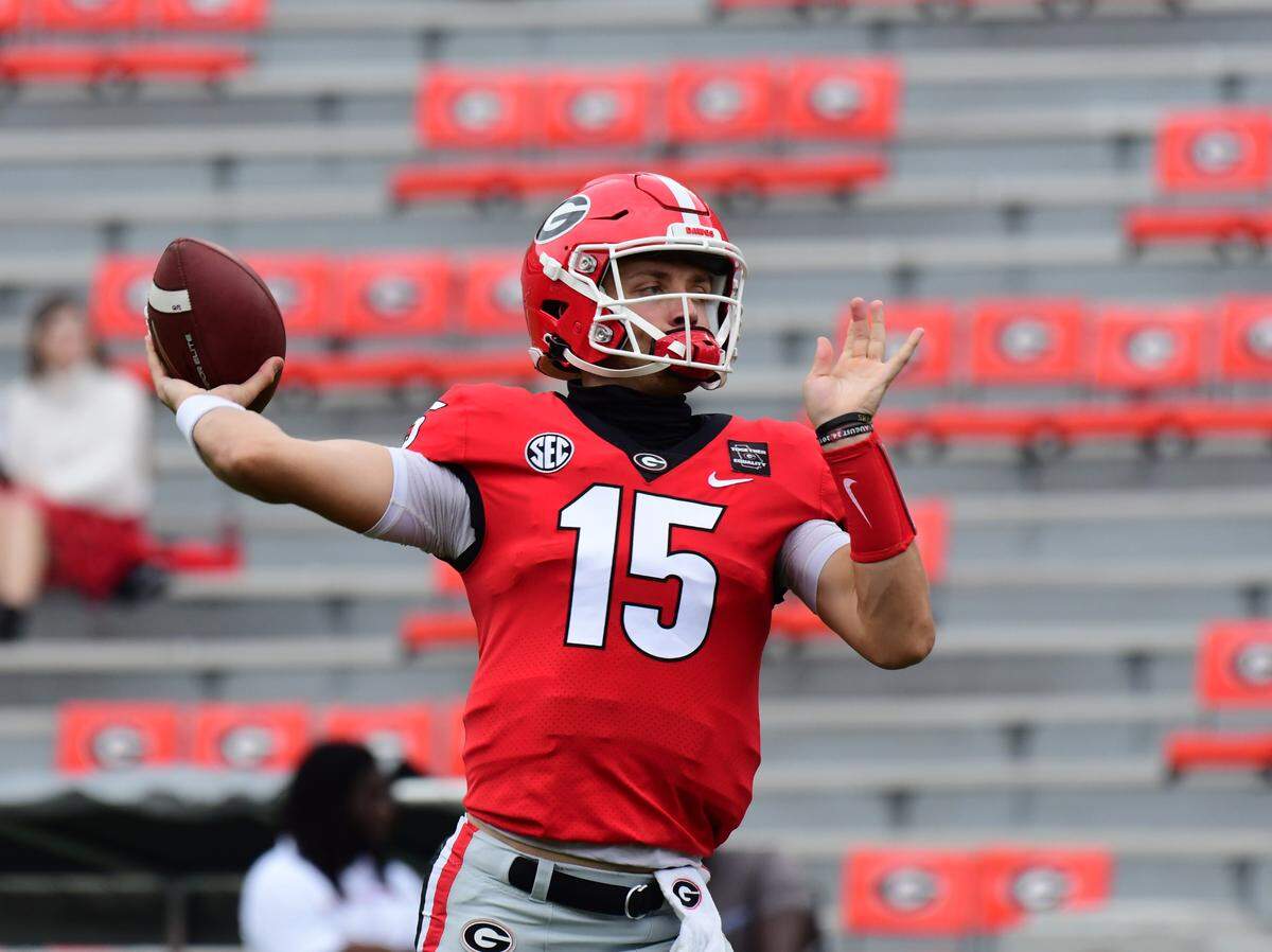Going into Saturday’s game at Auburn, Georgia quarterback Carson Beck (15) was completing 72.66 percent of his passes.