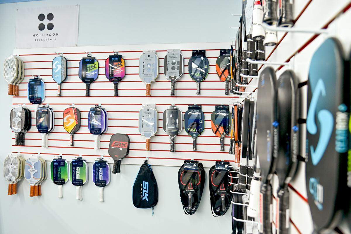 Selection of paddles for sale at Pickleball Sports at 4446 Forsyth Road in Macon.