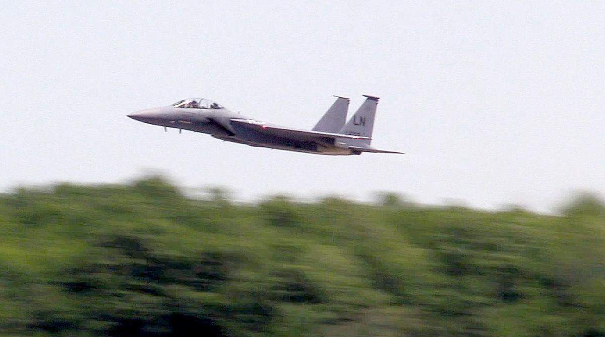 An F-15 Eagle flown by Lt. Col. Matthew ‘Burner’ Griffin with the 339th Flight Test Squadron takes off from Robins Air Force Base Tuesday afternoon. Griffin flew the F-15 over several Middle Georgia hospitals as a salute to the medical workers during the COVID-19 pandemic.