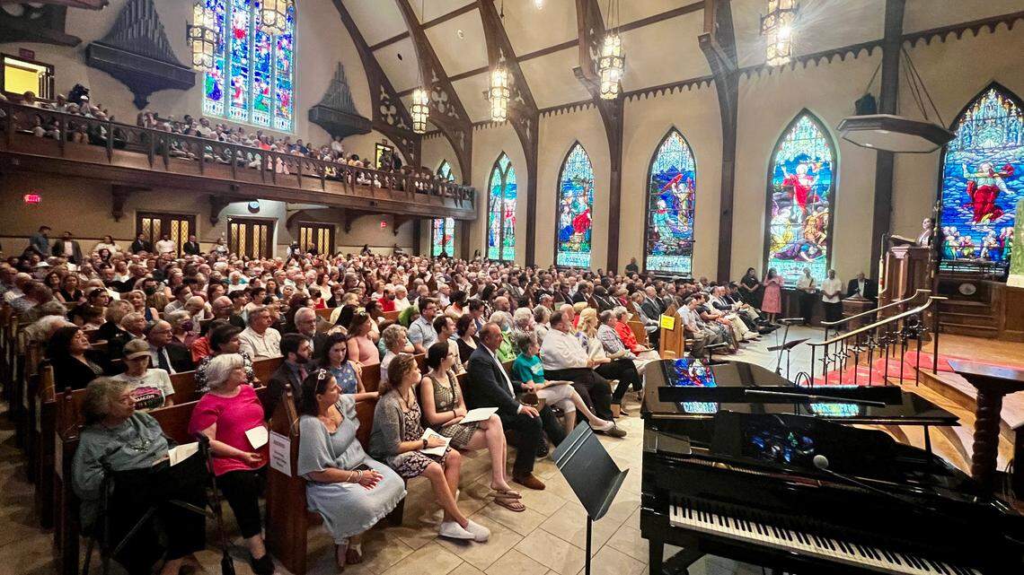 Rabbi Elizabeth Bahar with Temple Beth Israel speaks Sunday during “A Service for Unity and Love” at Mulberry Street United Methodist Church. The event was put together after an antisemitic group gathered outside the synagogue last week.