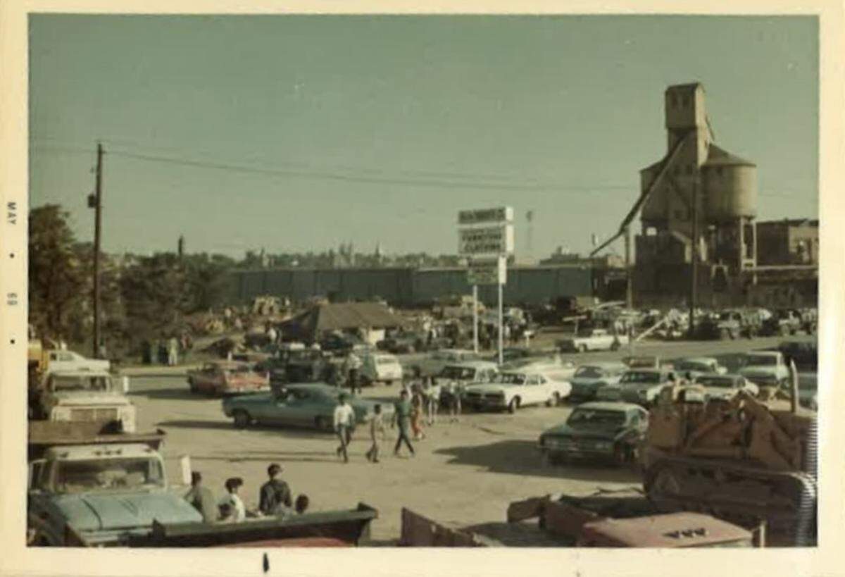 A scene in 1969 of the Coal Tower site bustling with activity during a spring cleanup.