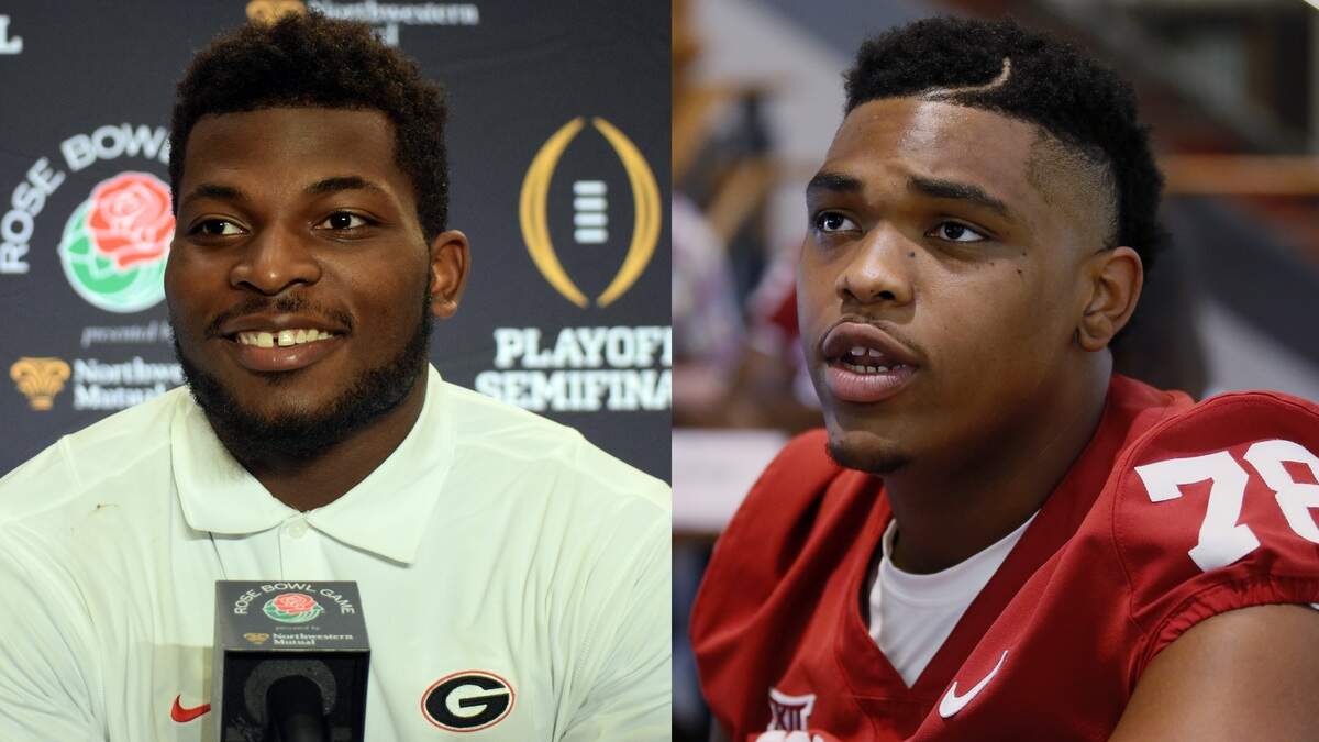 Georgia's Lorenzo Carter (left) and Oklahoma's Orlando Brown (right).