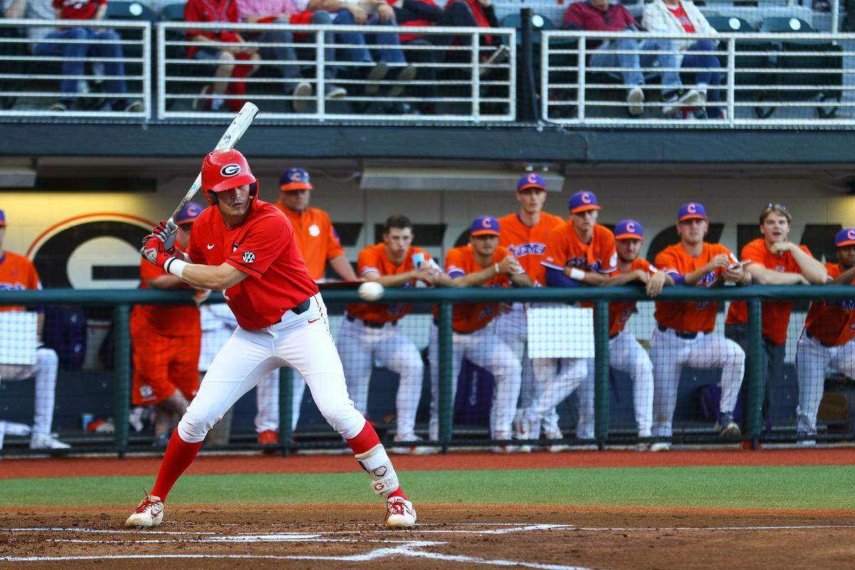 Georgia infielder Aaron Schunk (22) watches a ball fly over the plate during a baseball game between the University of Georgia and Clemson on Tuesday, April 16, 2019.