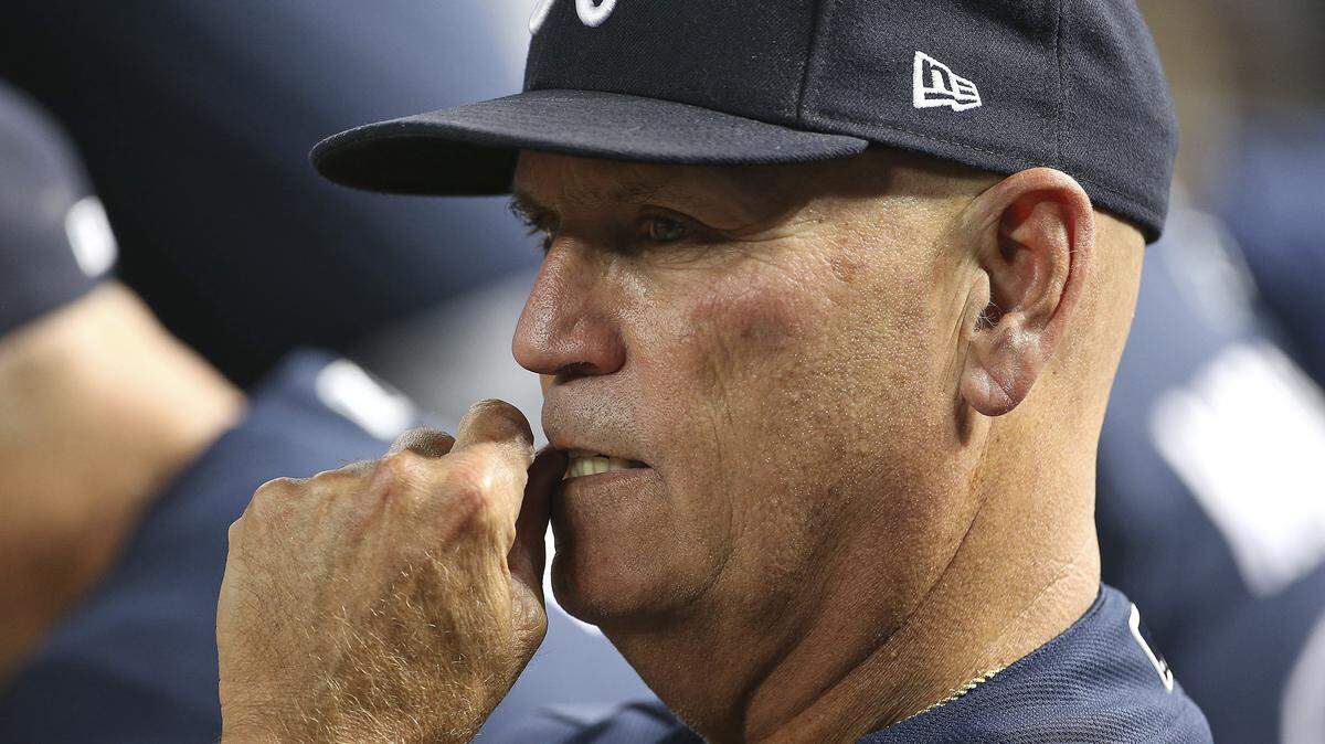 Atlanta Braves manager Brian Snitker looks on from the dugout during the seventh inning of a baseball game against the Arizona Diamondbacks Sept. 7 in Phoenix. Snitker was manager of the Macon Braves in 1992 and again in 1997 and ’98, winning back-to-back division titles at Luther Williams Field.