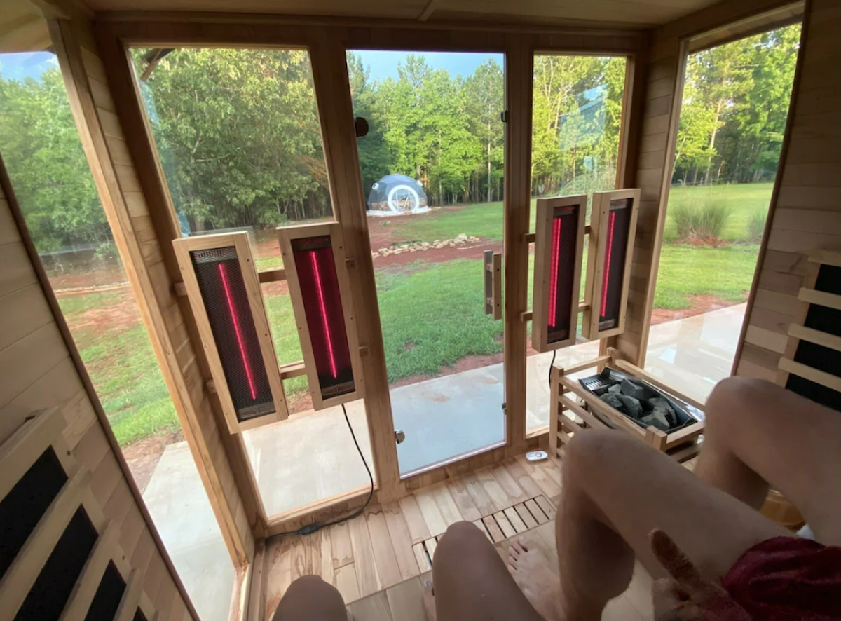 A 6-person sauna awaits you and your honey at this Luxury Dome.