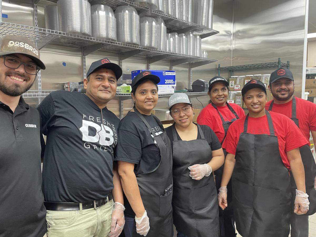 DosBros Fresh Mexican Grill opens in Warner Robins. From left to right, Kaiden Allman, franchise owners Sonny and Kelly Patel, Maretza Torres, Sandy Patel in back, and Nikki and Kelvin Patel, far right.