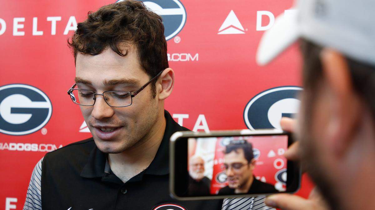 Georgia kicker Rodrigo Blankenship (98) speaks to members of the media at a press conference in Butts-Mehre Heritage Hall in Athens, Ga., on Monday, Oct., 29, 2018. (Photo by Kristin M. Bradshaw)