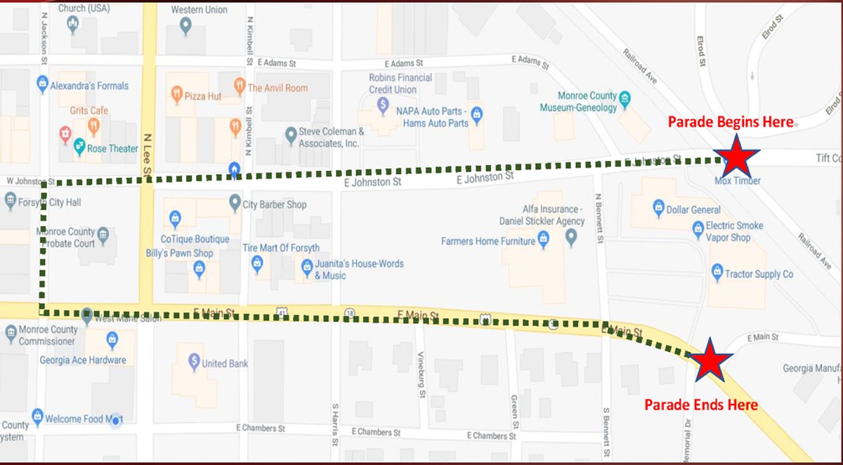 Here is the parade route for the 31st annual Hometown Holidays Parade from 7 to 9 p.m. Thursday. Other Middle Georgia parades, including in Macon, Gray, Byron and all four cities in Houston County, have canceled due to the COVID-19 pandemic. Parade-goers are asked to wear masks and practice social distancing.