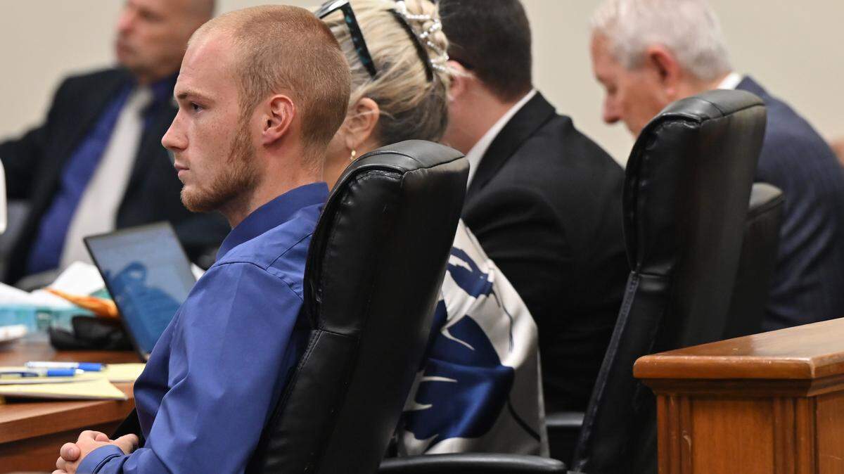Jordan Mullis (left) listens to the prosecutor’s opening statements on Tuesday, Aug. 12, 2025, at the Bibb County Superior Courthouse in Macon, Georgia. The jury trial of The State of Georgia v. Jordan Michael Mullis and Jaylen Bryce Smith began on Tuesday after two men accused of murder were indicted for a second time when their original trial was thrown out in 2024. 