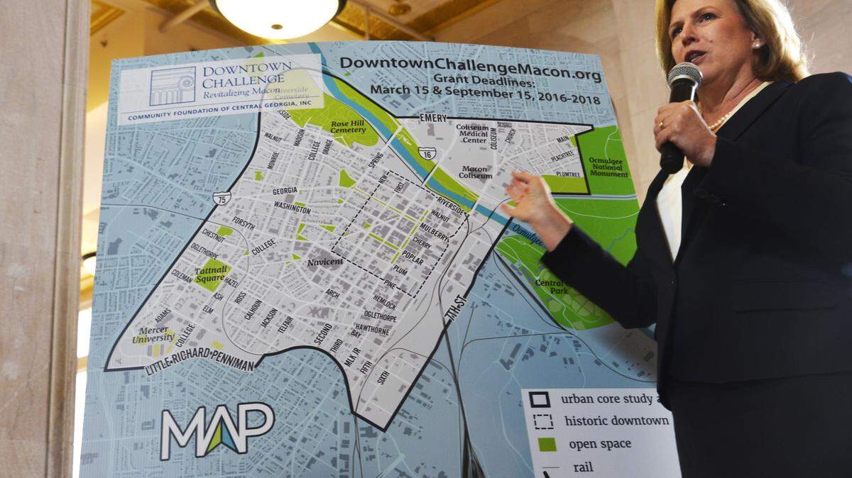 Kathryn Dennis of the Community Foundation of Central Georgia describes the footprint of the section of downtown Macon where $3 million will be available over three years to help people realize their downtown dreams. The Downtown Challenge program from the Community Foundation and the Knight Foundation asks Maconites to not only dream about what they could do downtown but to also ask for the money to make it happen.