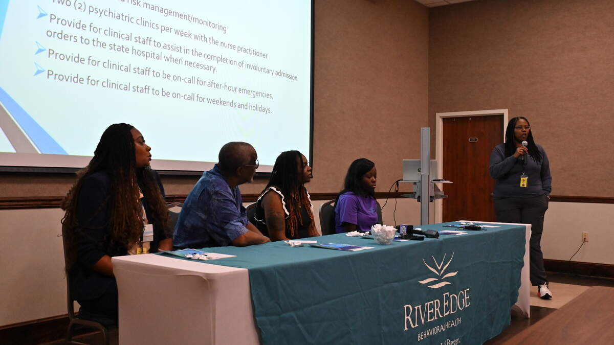 (Left to right) Tamara Leslie, Herbert Denard, Michelle Jackson, Daneisha Hill and Parrin Cowen discussed mental health services available through River Edge Behavioral Health, the Bibb County Jail and the Bibb County Sheriff’s Office. They held an informational panel on Thursday, July 24, 2025, at the River Edge Behavioral Health Center at 175 Emery Highway in Macon, Ga.