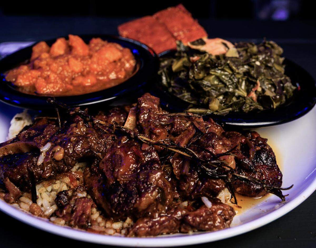 Prominent Restaurant’s oxtails dinner served on Sunday buffet and soul food at Pure Lounge 25 in Warner Robins. The photo has been cropped.