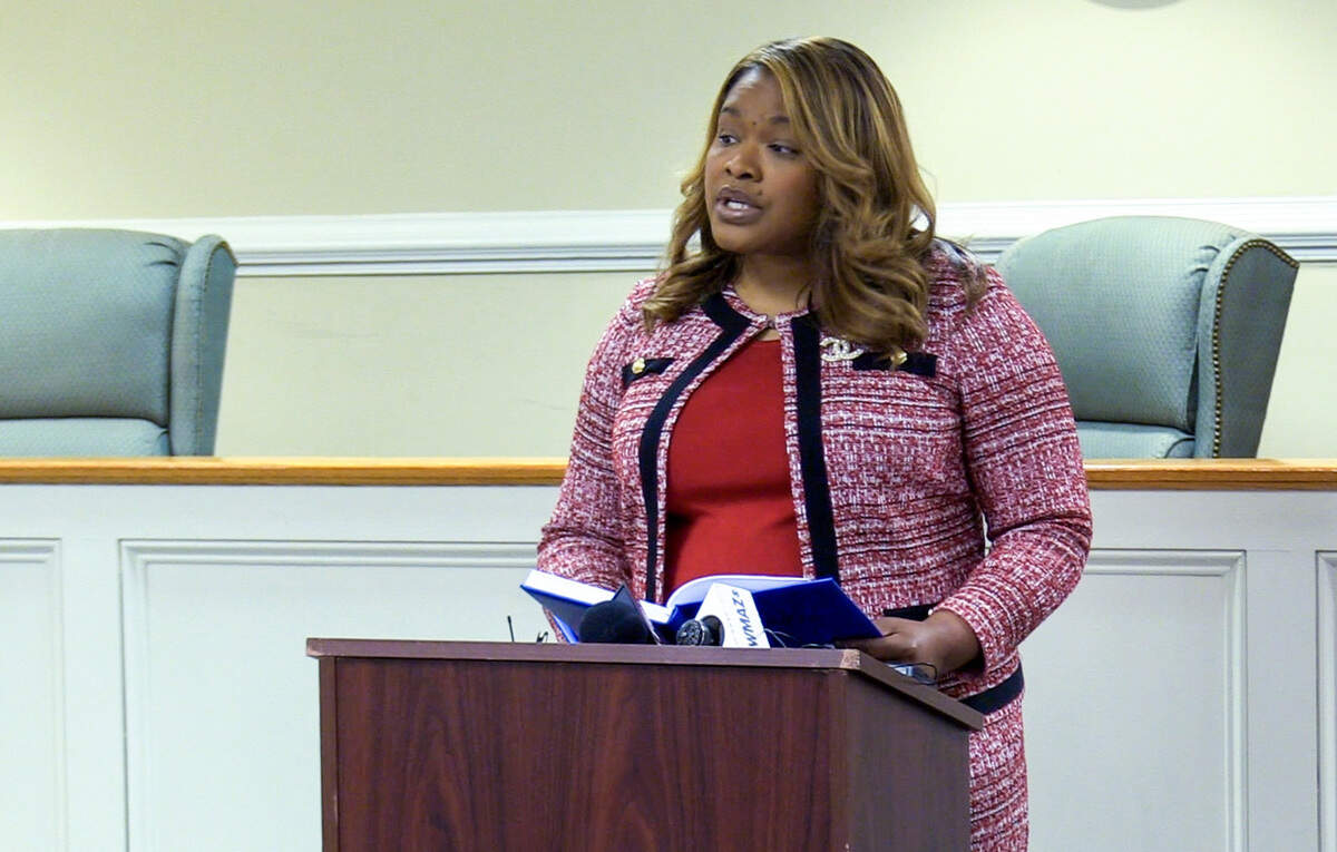 Macon Judicial Circuit District Attorney Anita Reynolds Howard speaking at a January news conference announcing an investigation into the shooting death of Denrick Demond Stallings.