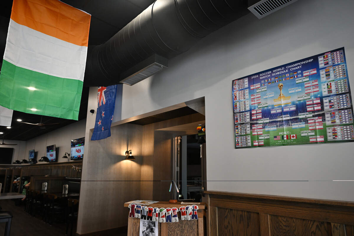 A FIFA World Cup match bracket hangs on the wall next to an Ireland flag inside of Bearfoot Tavern on Monday, June 8, 2026, in Macon, Georgia. Bearfoot Tavern plans to hang the 48 flags of every participating country in the FIFA World Cup to celebrate the tournament.