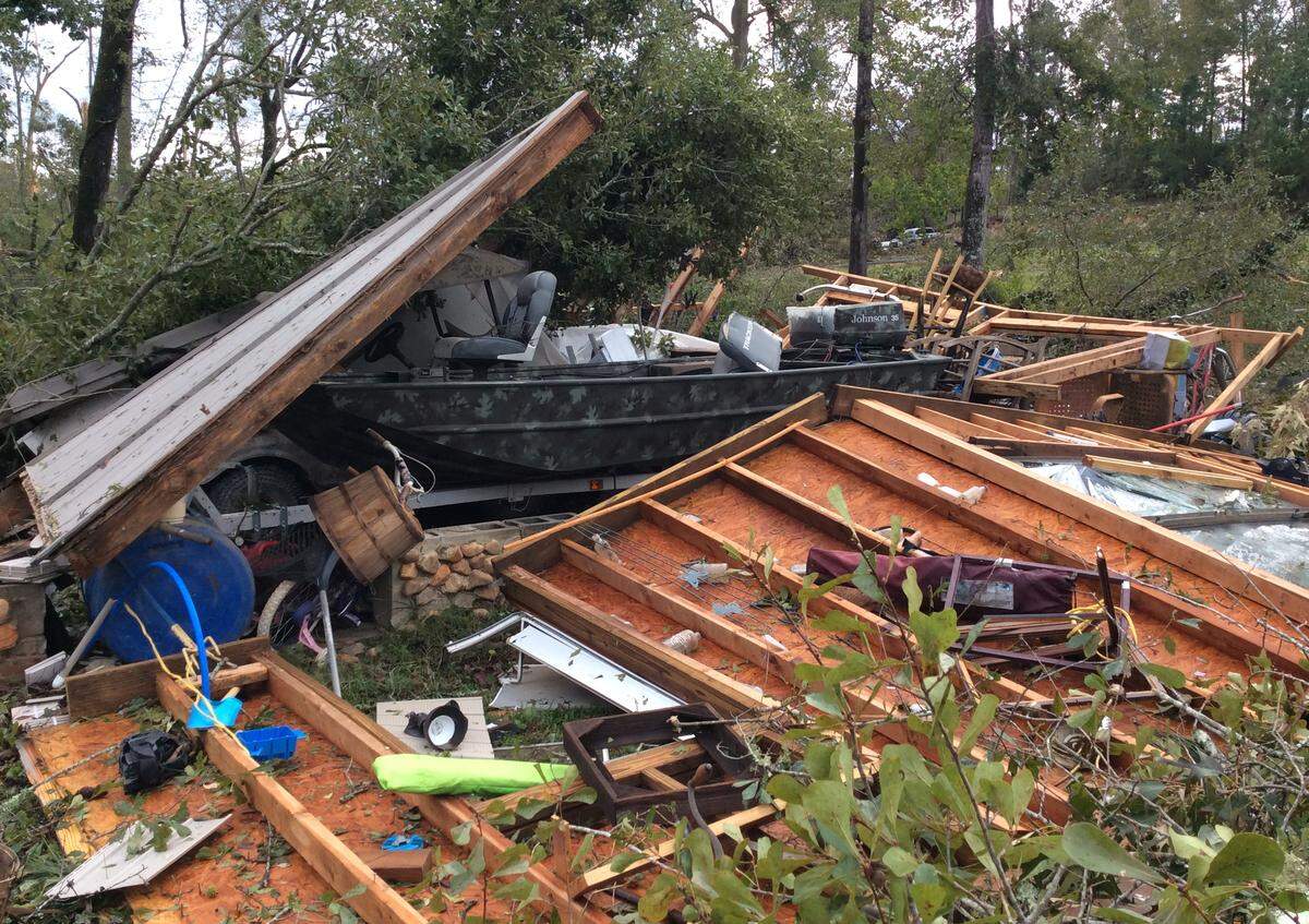 Wayne Granade’s smashed garage, or what is left of it, after a Hurricane Michael-wrought EF-1 twister destroyed it Wednesday.