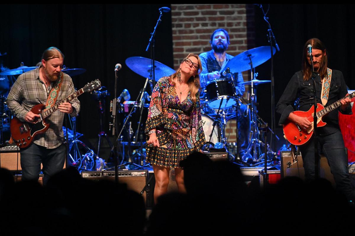 Derek Trucks (left) and Susan Tedeschi (middle) of Tedeschi Trucks Band, and Duane Betts perform “Blue Sky” by The Allman Brothers during the “In Memory of Dickey Betts” concert on Friday, Feb. 28, 2025, at the Macon City Auditorium in Macon, Georgia. Musicians from across the country gathered in Macon for a one night only, sold out concert honoring one of the original members of The Allman Brothers, guitarist Dickey Betts, who died in April 2024. All proceeds from the show went towards a scholarship in his name at the Berkelee College of Music in Boston.