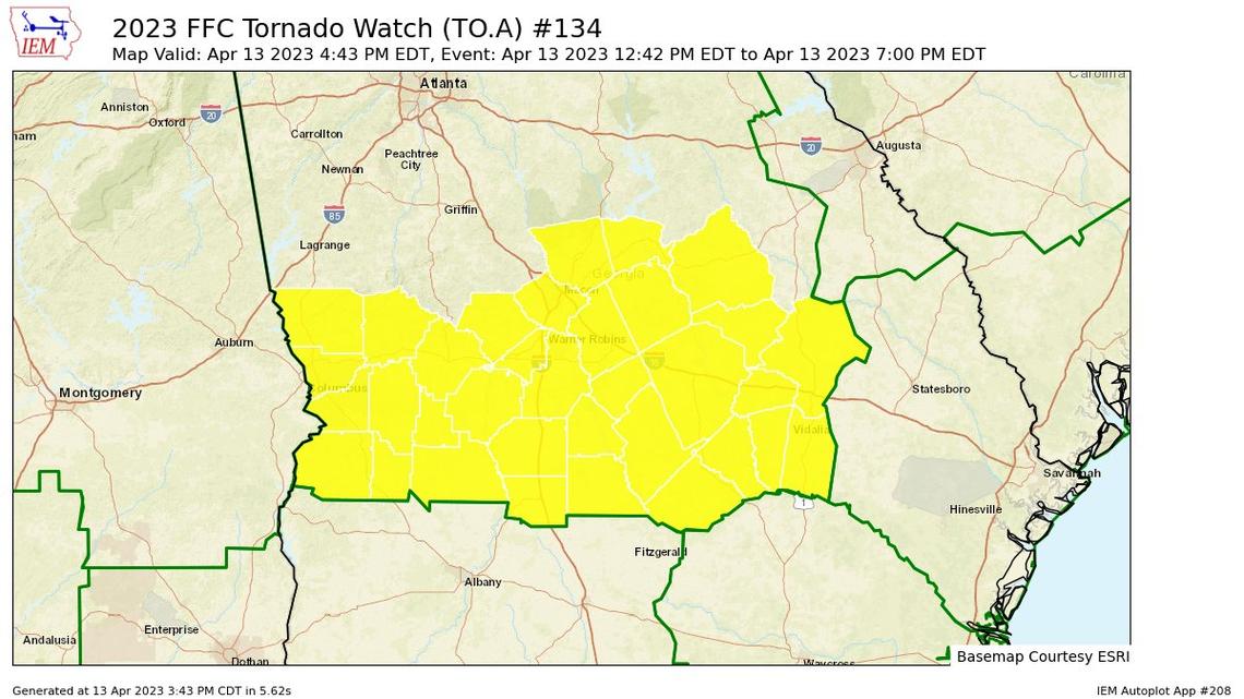 The area of a tornado watch issued by the NWS and FFC until 7 p.m. April 13 in Middle Georgia.