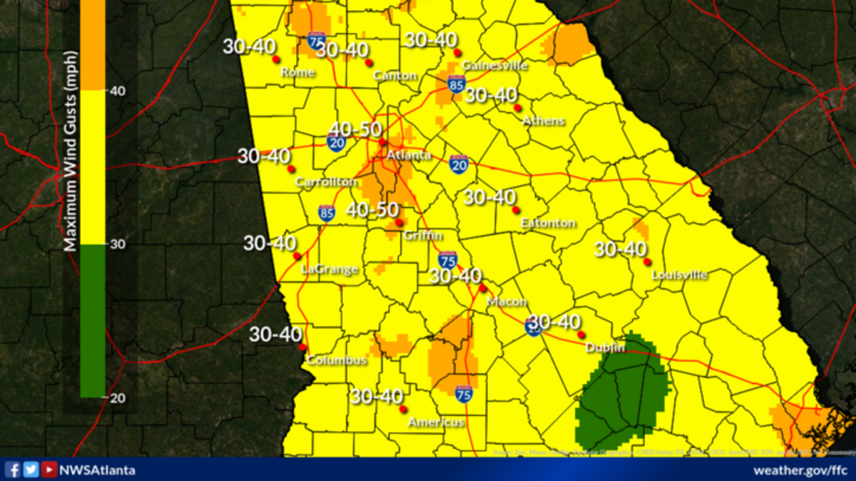 North and Middle Georgia are under a wind advisory from the National Weather Service until 7 p.m.