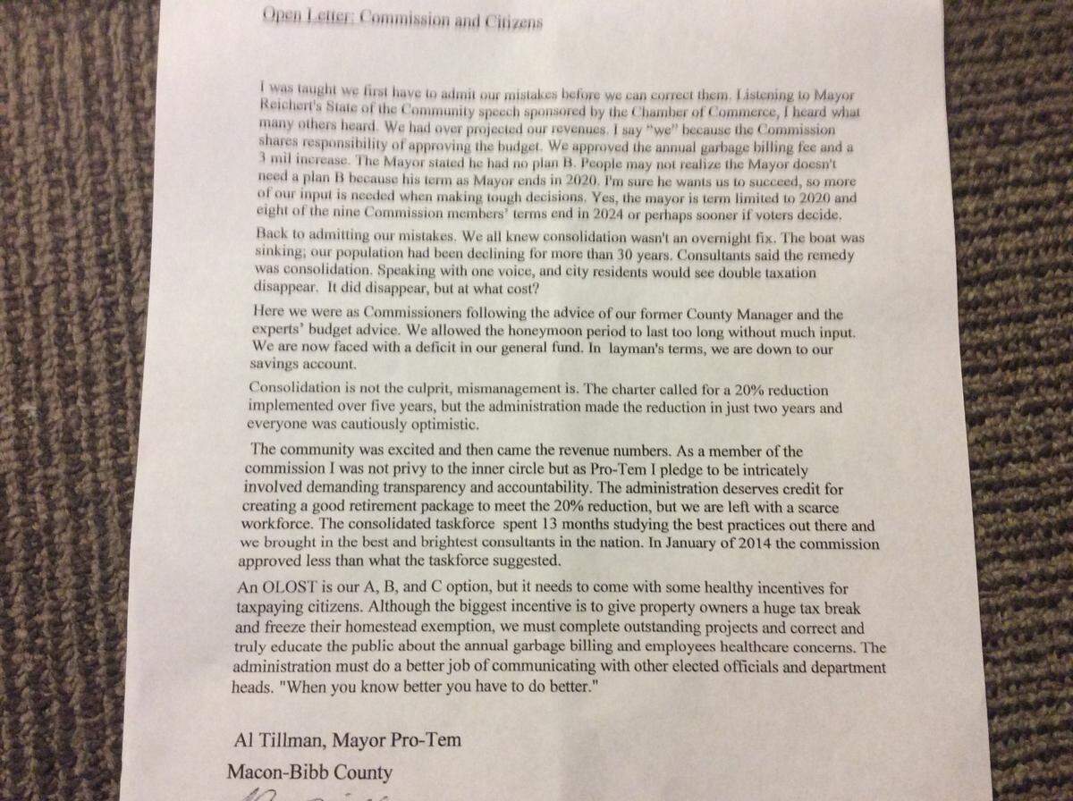 Macon-Bibb County Mayor Pro-tem Al Tillman's Open Letter to commission and residents.