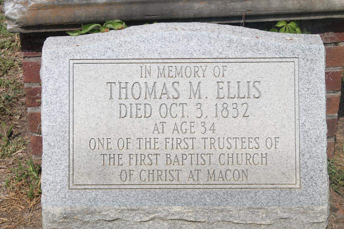 The grave of Thomas M. Ellis was rehabilitated by the First Baptist Church of Macon where he was among the first-ever trustees. Ellis was slain in 1832 for his ties to the failed Macon Bank.