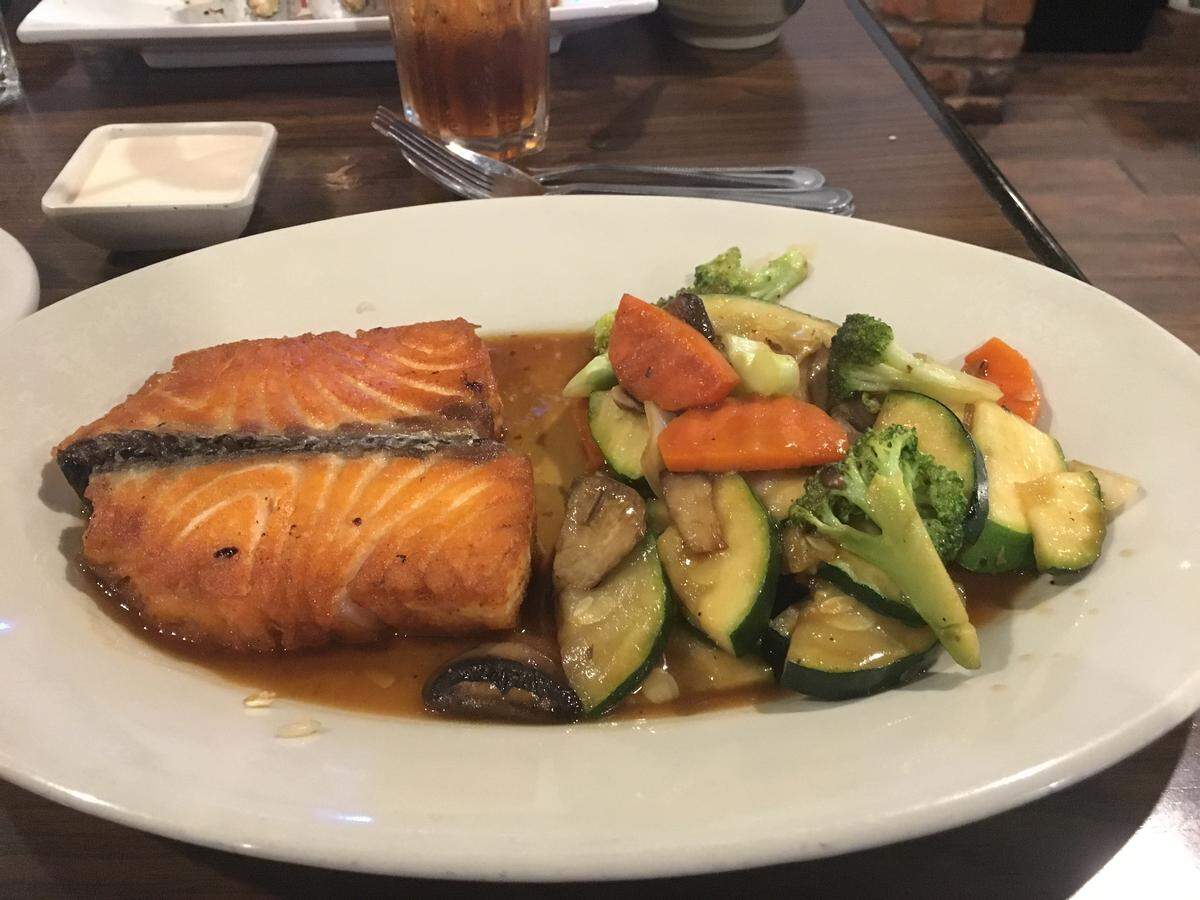 Hibachi salmon filet with vegetables at Shogun Japanese Restaurant.
