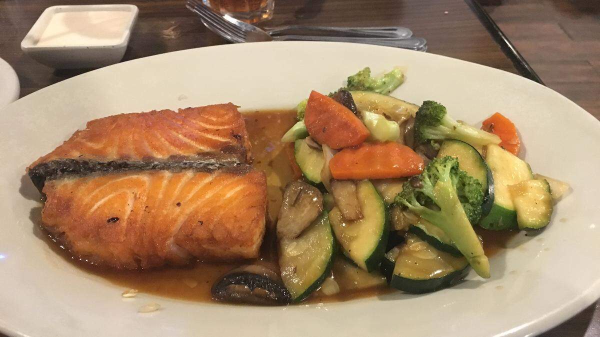 Hibachi salmon filet with vegetables at Shogun Japanese Restaurant.