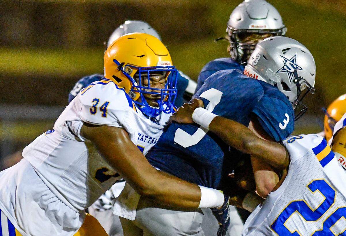 Tatnall junior defensive end Zavion Hardy (34) is one of the top high school football recruits in the country with offers from UGA, Michigan, USC and Florida State among others.
