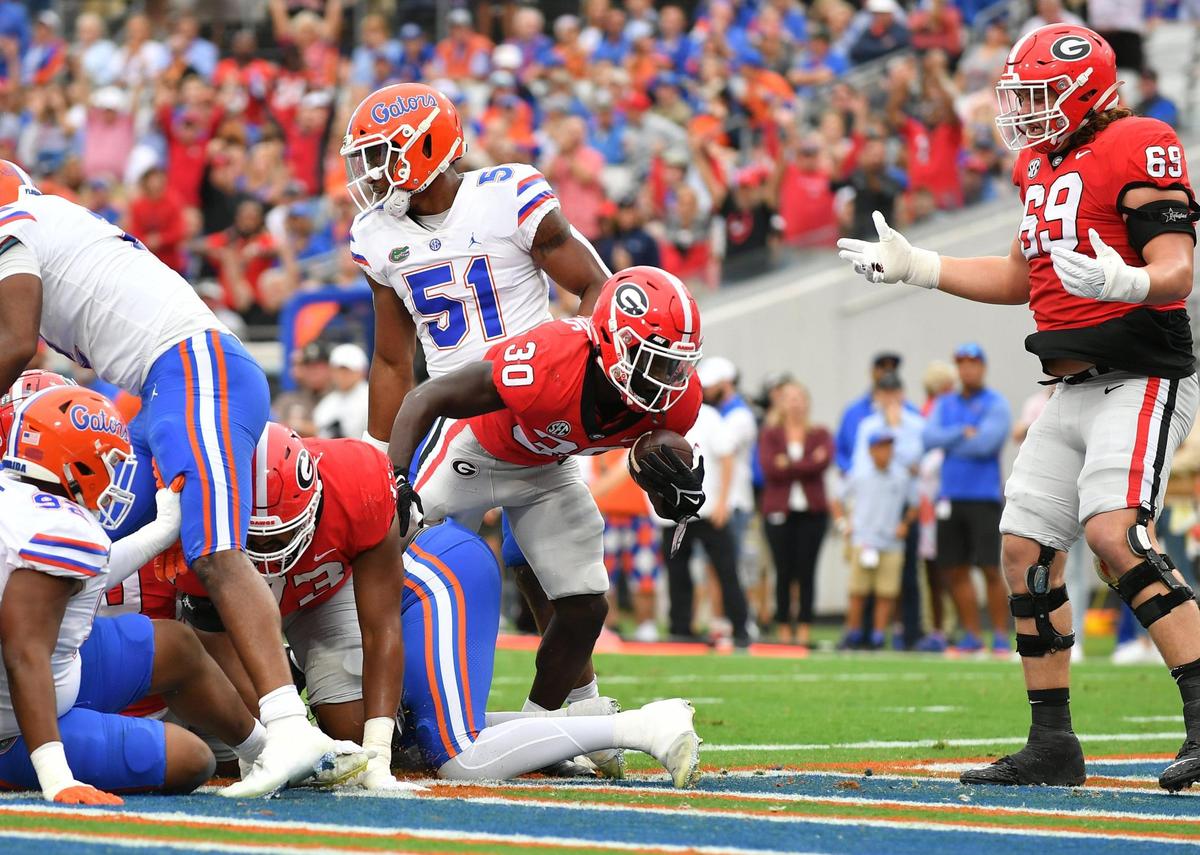 Georgia running back Daijun Edwards makes his way in to the endzone for a Georgia touchdown against the Florida Gators Saturday in Jacksonville.
