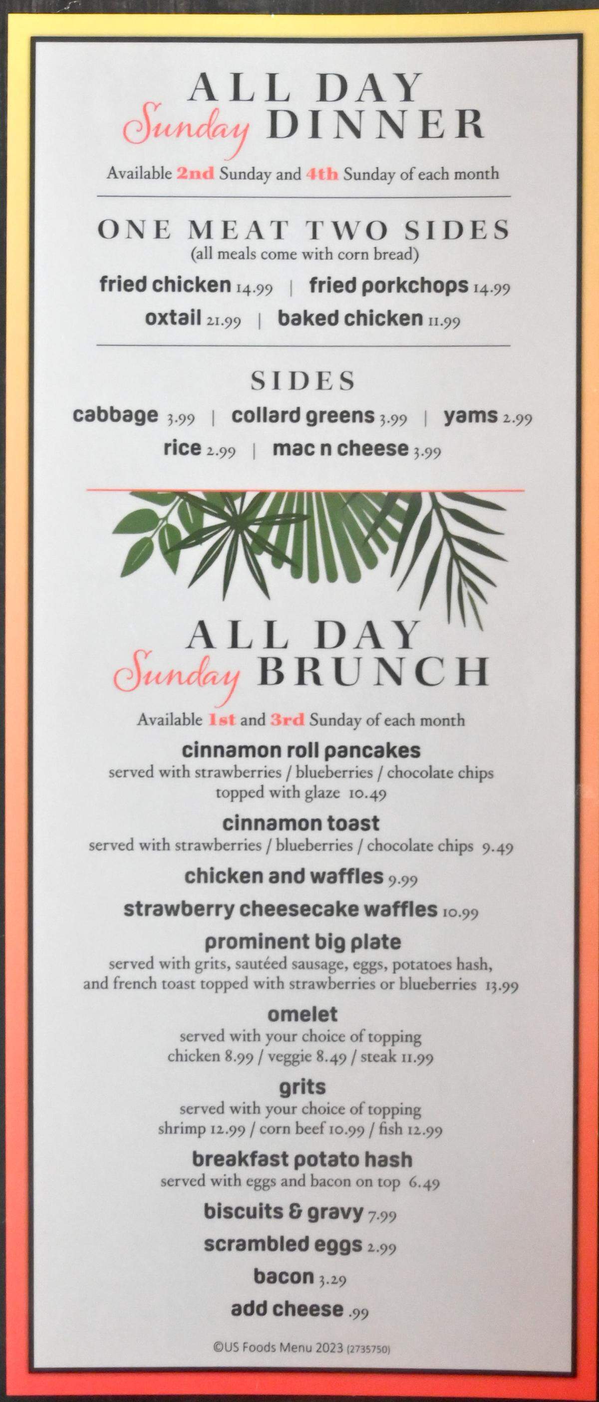 Sunday dinner and brunch menu at Prominent Bar and Restaurant in Byron.