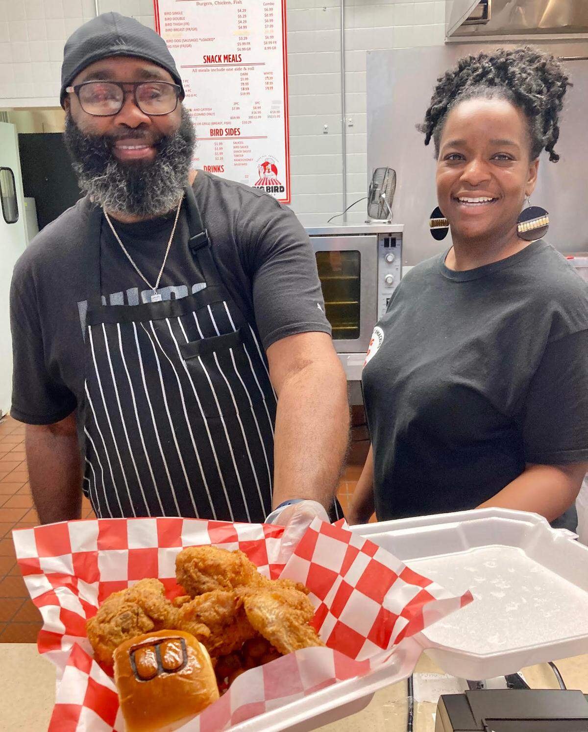 Ruchardo and Marlena Belcher, owners of the Big Bird Shack, a new walk-up restaurant serving up fried chicken, fish, hamburgers, fried okra, red beans and rice and more inside the Houston County Galleria at 2922 Watson Blvd. in Centerville.
