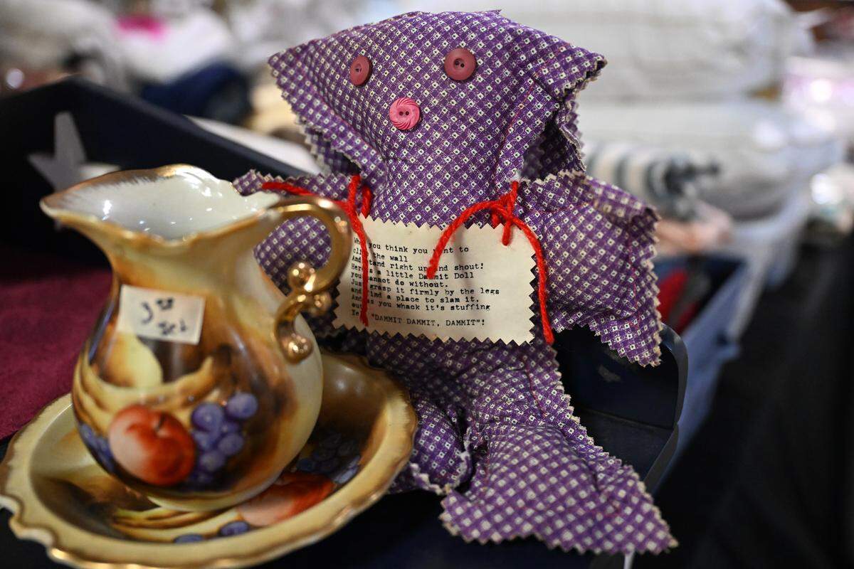 A “Dammit Doll” sits on a table at the Historic Macon Flea Market on Wednesday, Sept. 17, 2025, in Macon, Georgia. The Historic Macon Fall Flea Market will take place Oct. 3-5.