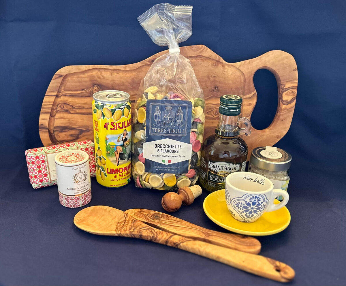A few of the products that will be offered at the Ciao Bella Market, a locally-owned authentic Italian market, expected to open this fall in downtown Perry.