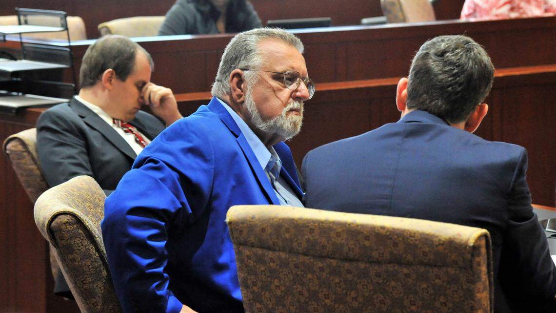 Wiley Green Leverett, center, in court in March in Houston County. He was sentenced to 35 days in the county jail for a sexual battery conviction. He now faces new child molestation and related charges.