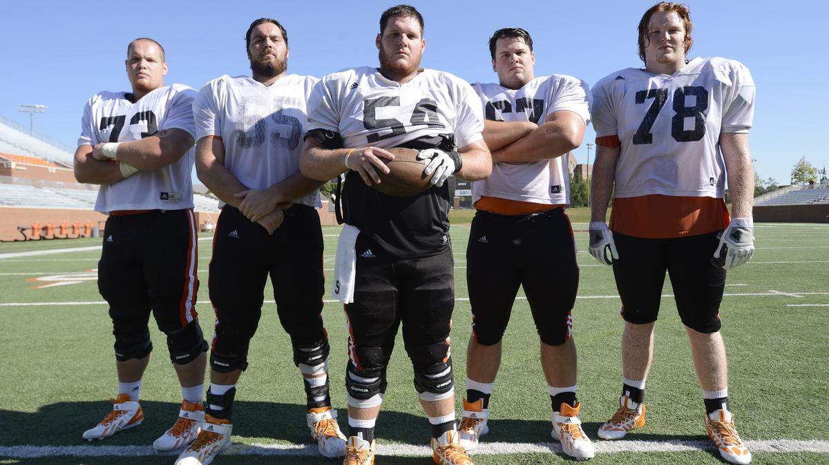 Mercer starting offensive line: Bret Niederreither, left, Caleb Yates, Kirby Southard, Wilson Heres and Thomas Marchman.