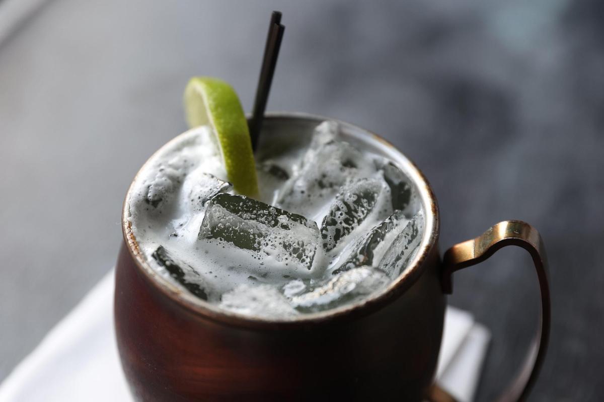 A non-alcoholic Moscow Mule at JBA lounge during the bar’s weekly Sober Social on Wednesday, March 12, 2025, in Macon, Georgia. JBA’s Moscow Mule features fresh ginger syrup made in house as well as a non-alcoholic spirit.