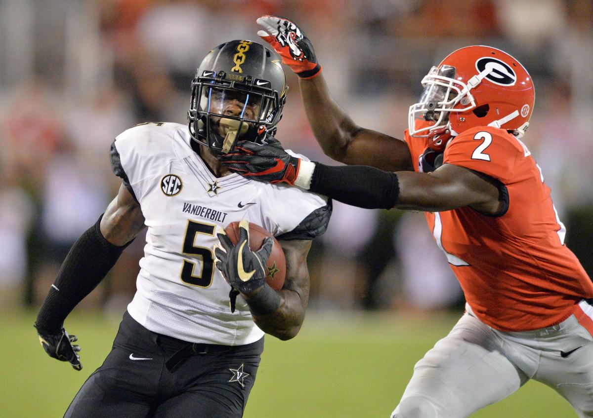 Vanderbilt senior running back Ke’Shawn Vaughn (5) is fourth in the SEC in rushing (818 yards) and is second on the Vandy team in receiving (24 catches).
