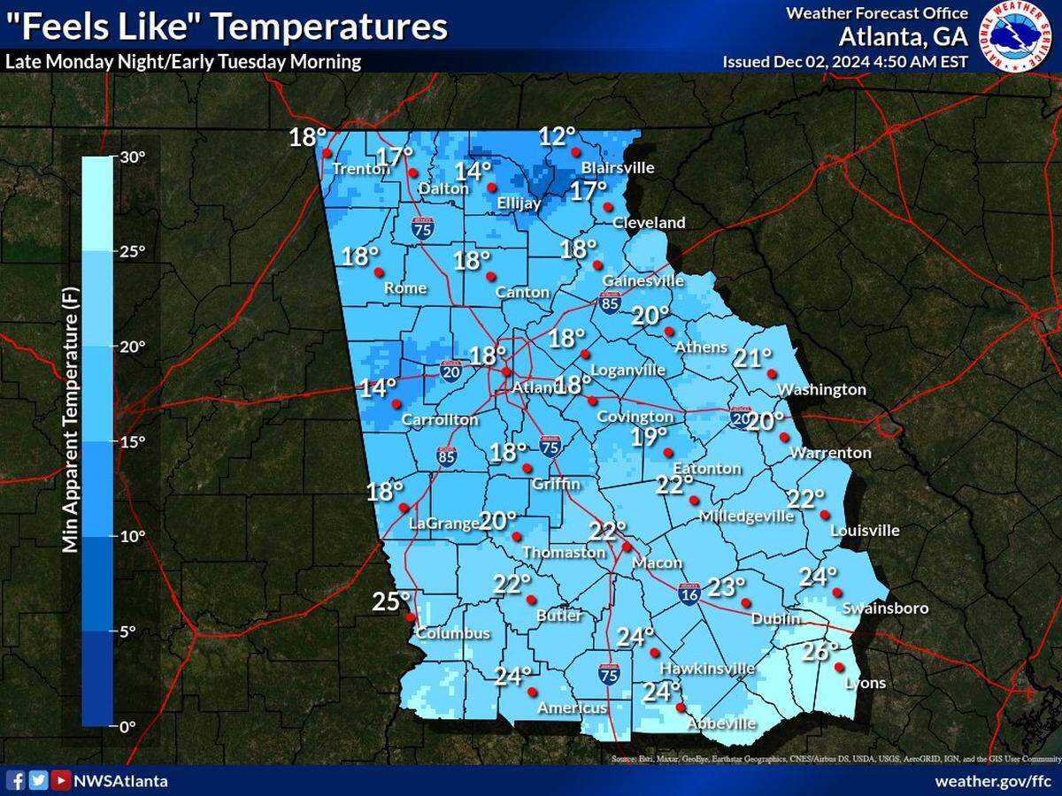 Temperatures in Macon, Georgia for Dec. 2-3, 2024