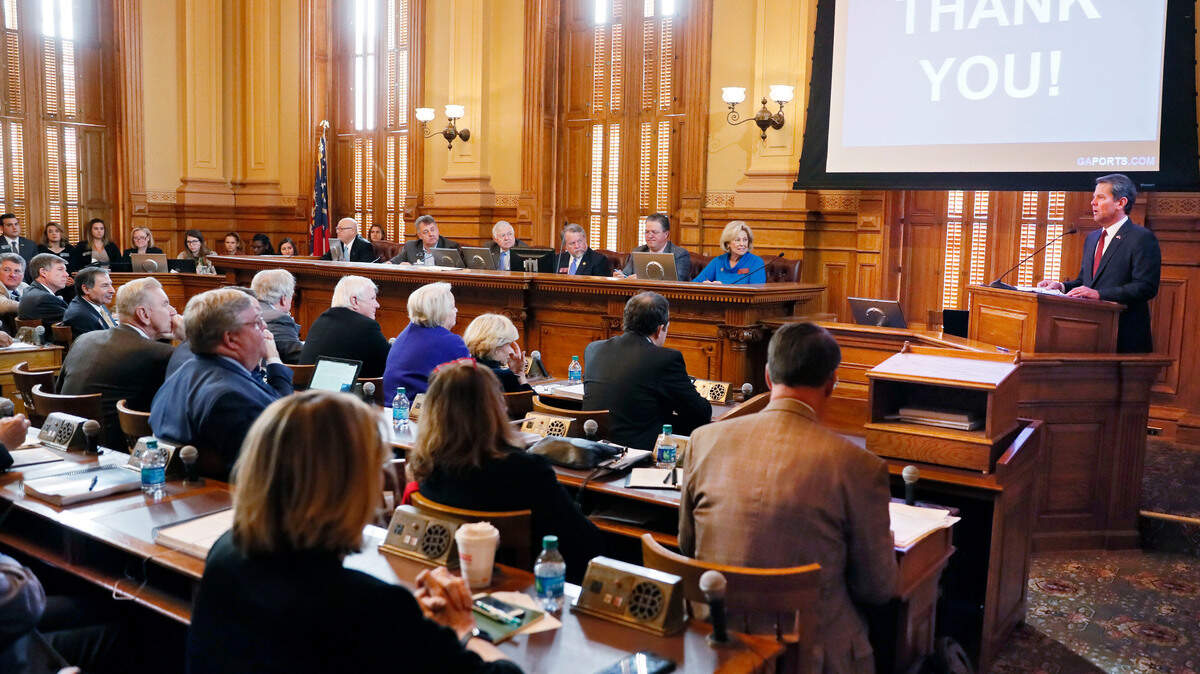 Georgia Gov. Brian Kemp, right, addresses the 2019 Season Joint Budget hearings Jan. 23 in Atlanta.