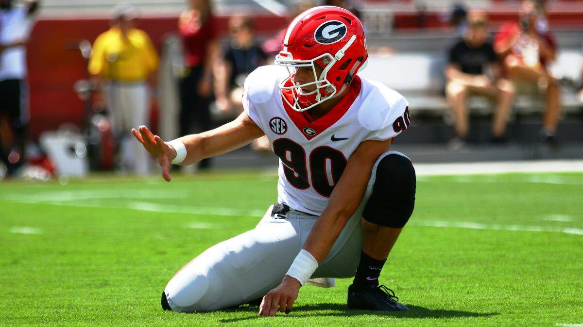 Georgia freshman punter Jake Camarda holds a kick in a 41-17 win over South Carolina. Camarda, at punter, holds a career-long punt of 63 yards this season.