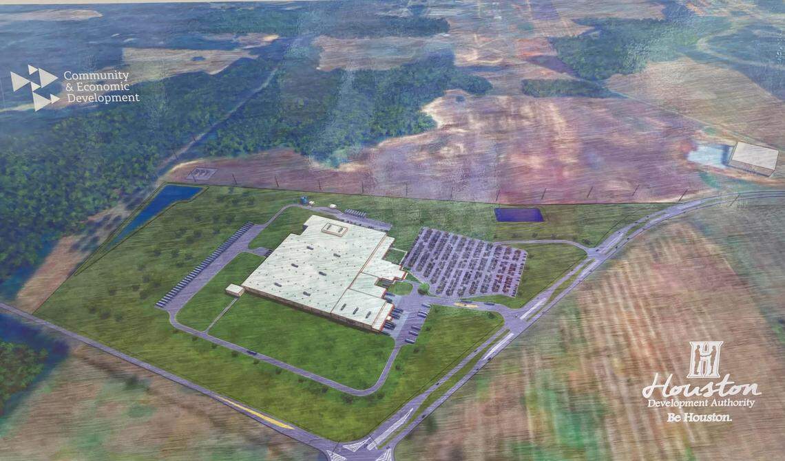Jack Link’s, a global leader in meat snacks, is expected to create 800 jobs with construction of a manufacturing plant on a 120-acre site at 720 Perry Parkway in Perry. This is a photo of a site plan on display at Gov. Brian Kemp’s announcement Tuesday about Jack Link’s.