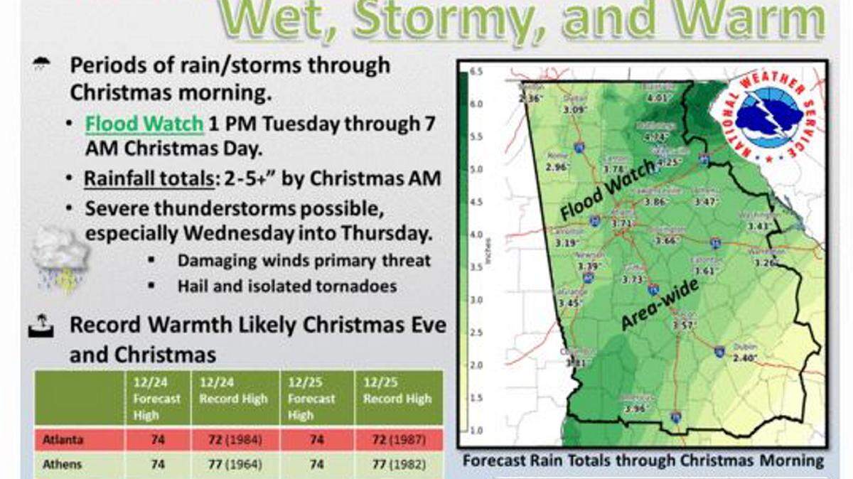 NATIONAL WEATHER SERVICE 
 Christmas week will be warm and stormy. Deep moisture from the Gulf of Mexico will create the potential for thunderstorms and heavy rainfall. A flood watch is in effect from Tuesday afternoon through Christmas morning. Some severe thunderstorms can also not be ruled out. In addition, temperatures will approach record values.