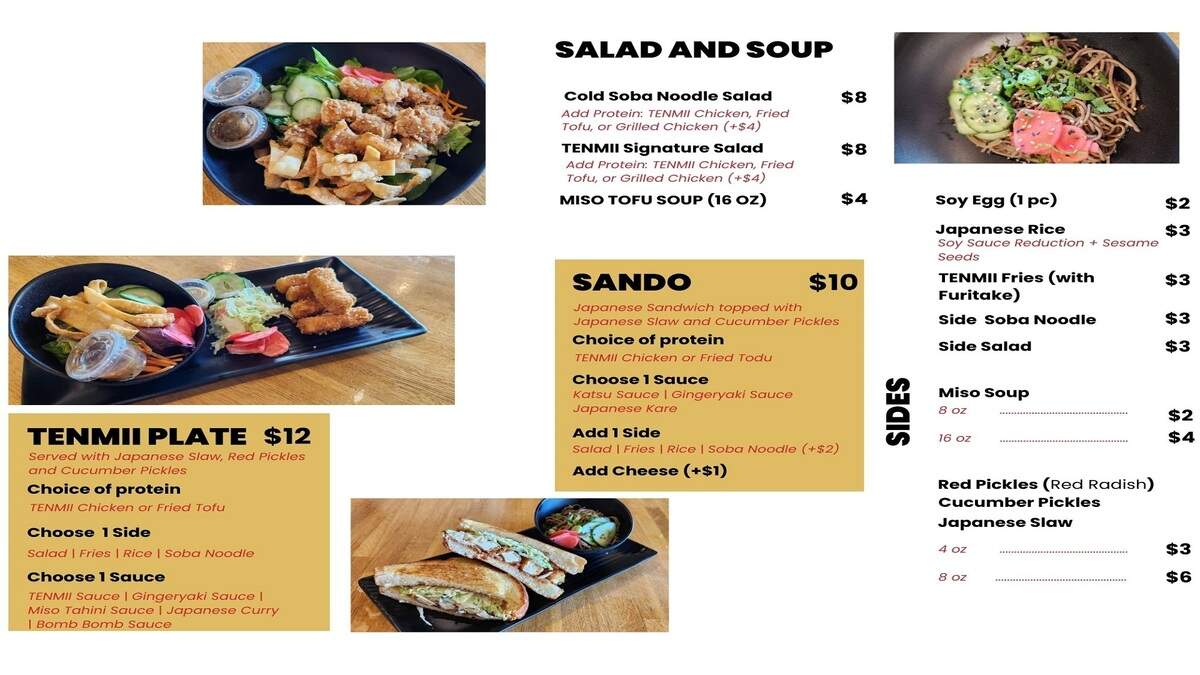 Some menu options from Tenmii Japanese Eatery at 1625 Bass Road, Suite 330, in the North Macon Plaza.