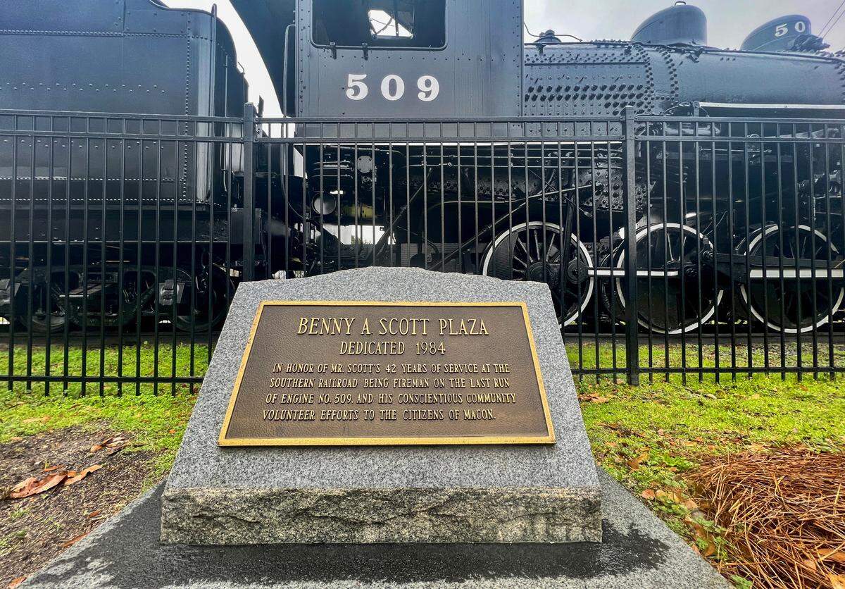 Memorial plaque for Benny Scott in Carolyn Crayton Park located at 3318 Brooklyn Ave. in Macon. Scott served in World War II and after the war to become the first Black locomotive engineer for the Norfolk Southern.