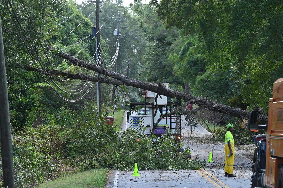 A fallen tree hangs on power lines on Wesleyan Drive after Hurricane Helene on Friday, Sept. 27, 2024, in Macon, Georgia. According to Georgia Power, over 1000 people in the Wesleyan Woods area are without power as of 3 p.m. on Friday.