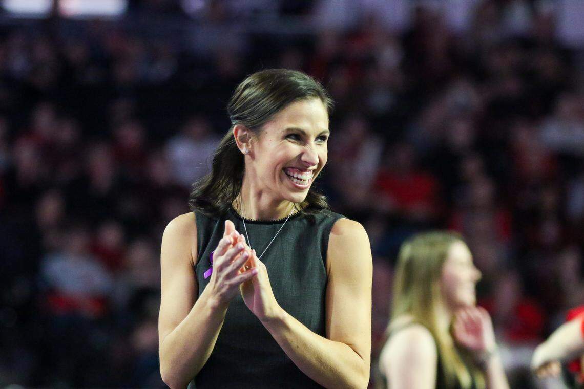 Georgia head coach Courtney Kupets Carter during a gymnastics meet against Iowa State at Stegeman Coliseum in Athens, Ga., on Sun., Jan. 20, 2020.