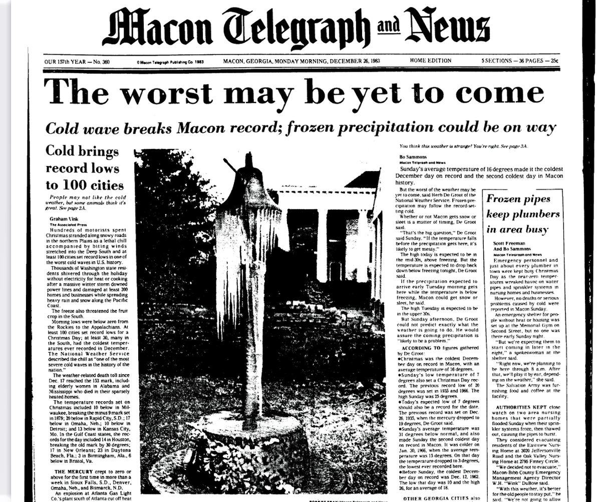 The Telegraph’s front page on Dec. 26, 1983, the day after the coldest Christmas Day on record when the low temperature was 7 degrees.