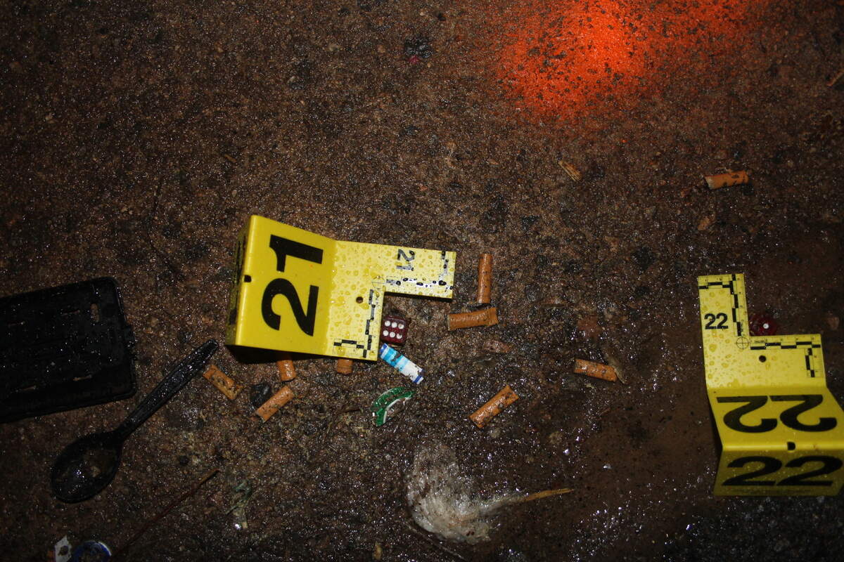 Crime-scene evidence markers along the street at 446 Cynthia Ave. the night 24-year-old Tarus Fair was shot to death in March 2016.