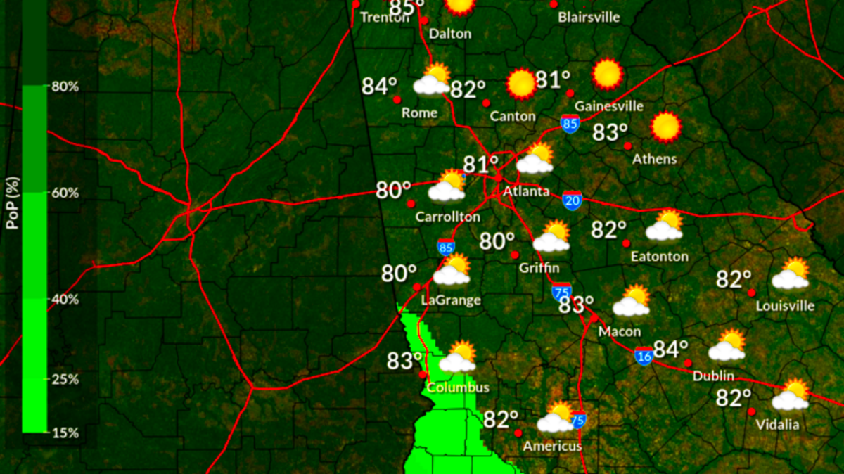 Rain chances and forecast high temperatures for parts of Georgia on Saturday, Sept. 2, 2023.