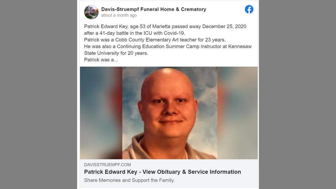 Patrick Key, 53, died on Christmas after battling COVID-19 in the ICU. He taught art in Cobb County for more than 20 years, his obituary says.